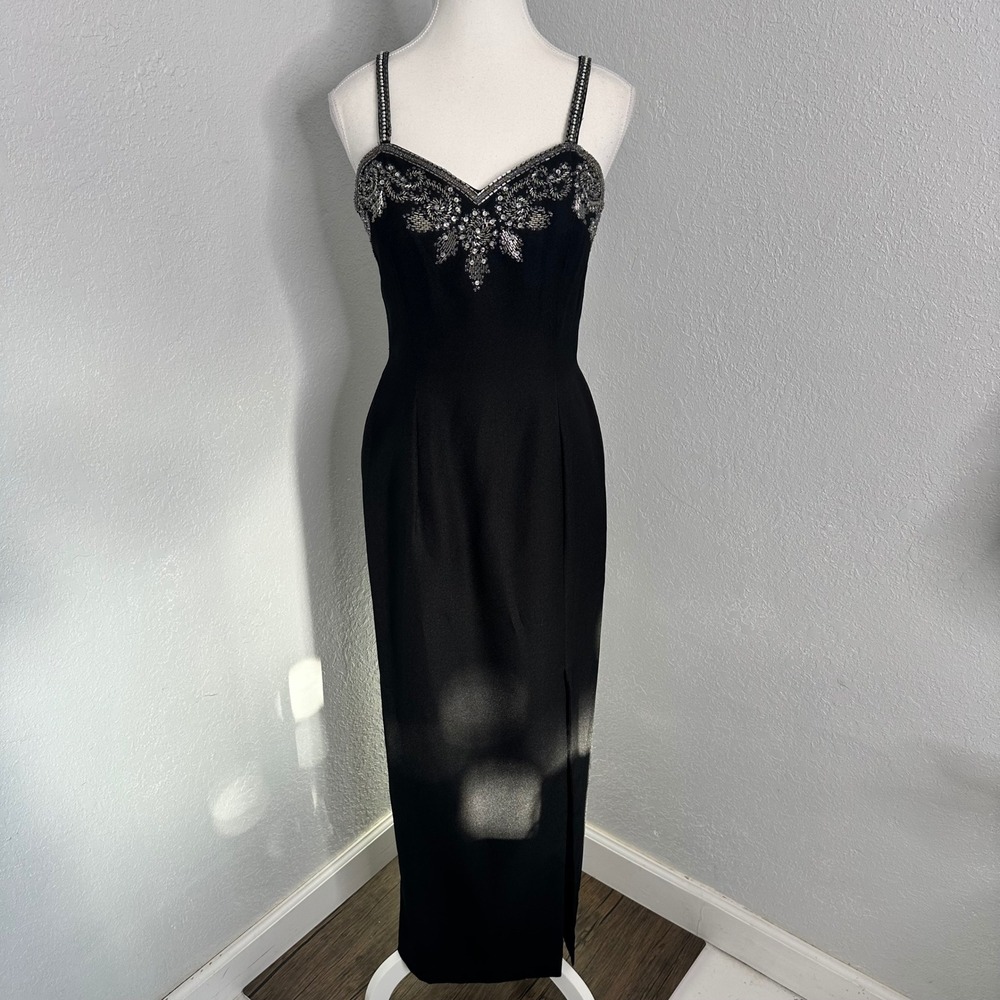Alyce Vintage Beaded Formal silhouette Dress Sleeveless Black Maxi‎ Gown Size 10